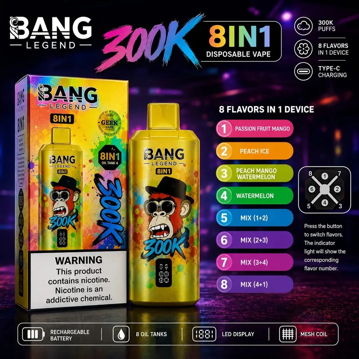 BANG LEGEND 8IN1 300K Vape | 300K Puffs | Rechargeable Type-C | Mesh Coil