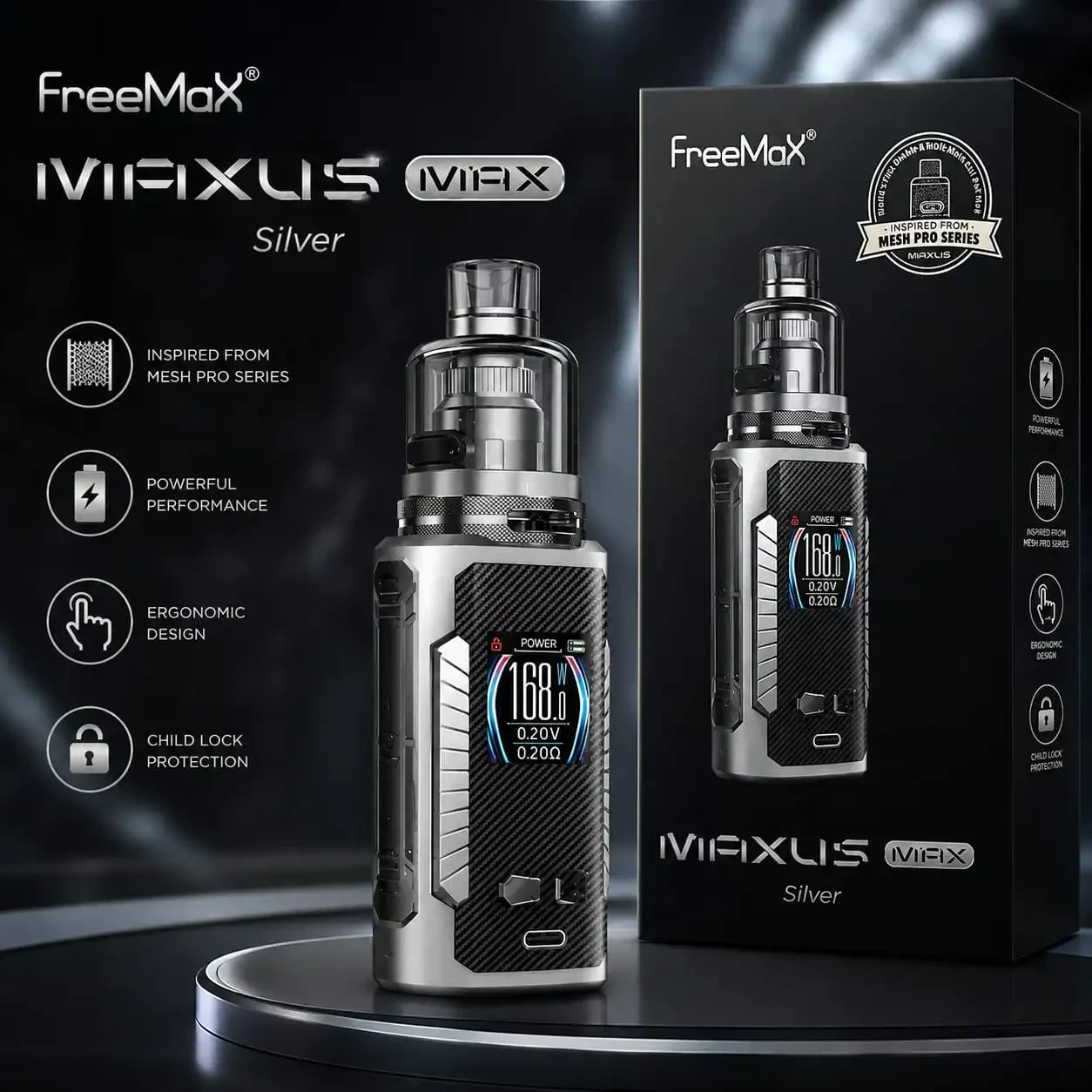 FreeMax Maxus Max 168W Pod Mod Kit – Silver | High Performance Vape Device (Free 50mg 1p 30ml Flavor)