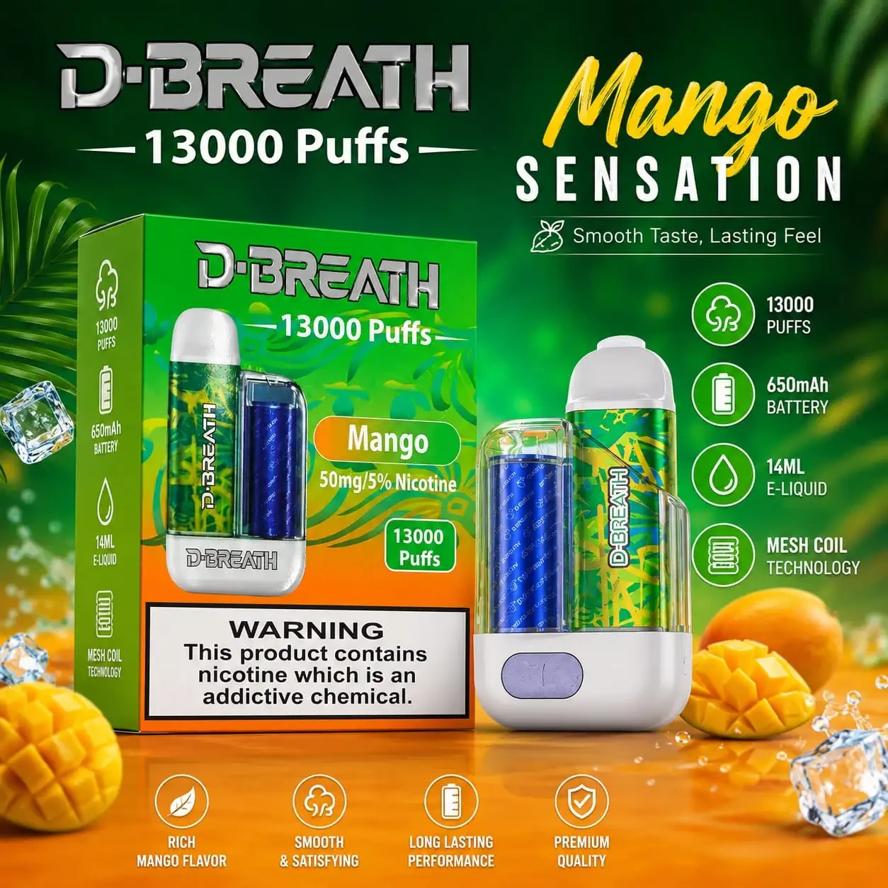 D-BREATH 13000 Puffs Mango | 5% Nicotine | Rechargeable Disposable Device