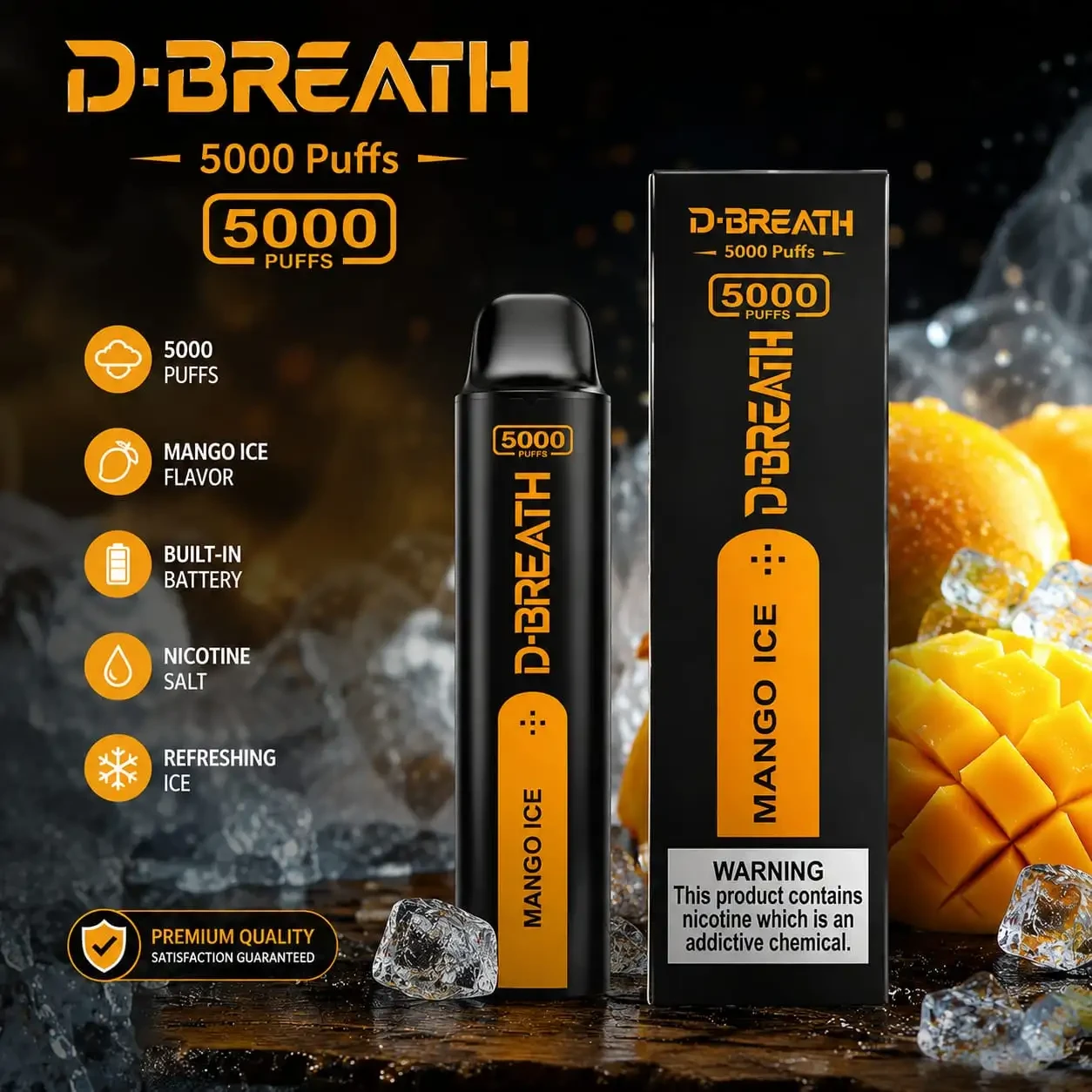 D-BREATH 5000 Puffs Mango Ice | 5% Nicotine | Rechargeable Disposable Device