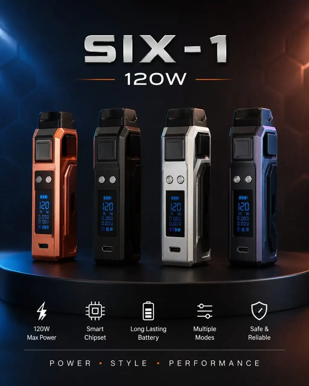 SIX-1 120W Box Mod Vape Kit (Free 50mg 1p 30ml Flavor) | Rechargeable Adjustable Power Vape Device